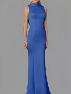 Robe de soirée sirène col haut crêpe extensible longueur au sol boutons robes de soirée formelles