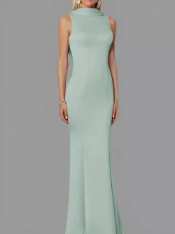Robe de soirée sirène col haut crêpe extensible longueur au sol boutons robes de soirée formelles