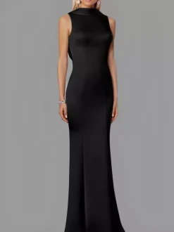 Robe de soirée sirène col haut crêpe extensible longueur au sol boutons robes de soirée formelles