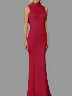 Robe de soirée sirène col haut crêpe extensible longueur au sol boutons robes de soirée formelles