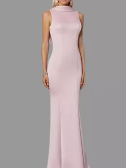Robe de soirée sirène col haut crêpe extensible longueur au sol boutons robes de soirée formelles