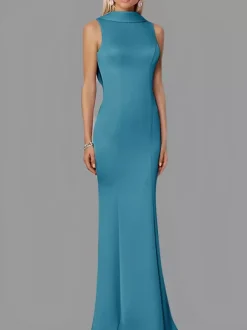 Robe de soirée sirène col haut crêpe extensible longueur au sol boutons robes de soirée formelles