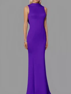 Robe de soirée sirène col haut crêpe extensible longueur au sol boutons robes de soirée formelles