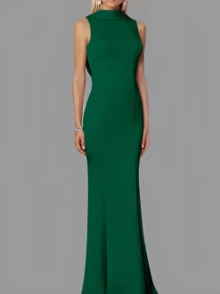 Robe de soirée sirène col haut crêpe extensible longueur au sol boutons robes de soirée formelles