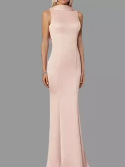 Robe de soirée sirène col haut crêpe extensible longueur au sol boutons robes de soirée formelles