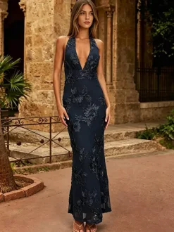 Robe de soirée sirène col V longue sans manches fermeture éclair dentelle robe de soirée en dentelle