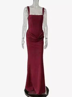 Robe de soirée sirène maxi moulante à col carré et dos lacé froncé pour femme 2026
