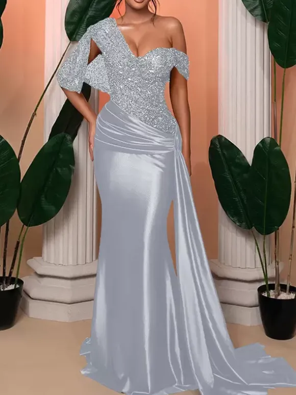 Robe de soirée sirène pailletes en satin à traîne