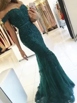 Robe de soirée sirène verte foncé en tulle bustier pailletes laçage sur dos à traîne Robe cérémonie