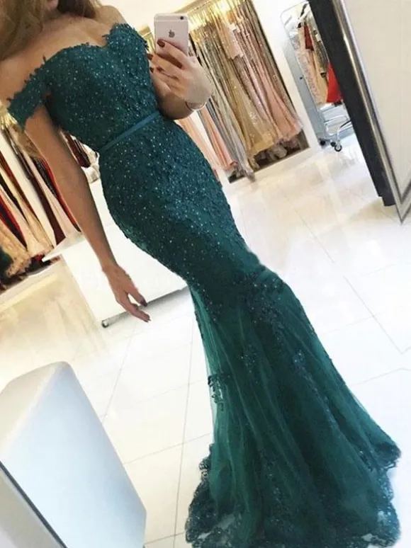Robe de soirée sirène verte foncé en tulle bustier pailletes laçage sur dos à traîne Robe cérémonie