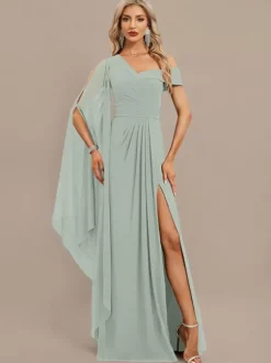 Robe de soirée trapèze asymétrique épaule dénudée longueur au sol manches courtes fermeture éclair plissée en mousseline de soie robes de soirée formelles