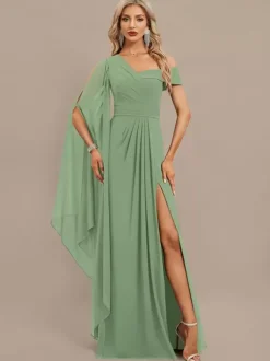 Robe de soirée trapèze asymétrique épaule dénudée longueur au sol manches courtes fermeture éclair plissée en mousseline de soie robes de soirée formelles