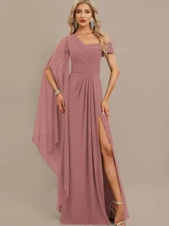 Robe de soirée trapèze asymétrique épaule dénudée longueur au sol manches courtes fermeture éclair plissée en mousseline de soie robes de soirée formelles
