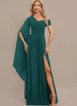 Robe de soirée trapèze asymétrique épaule dénudée longueur au sol manches courtes fermeture éclair plissée en mousseline de soie robes de soirée formelles