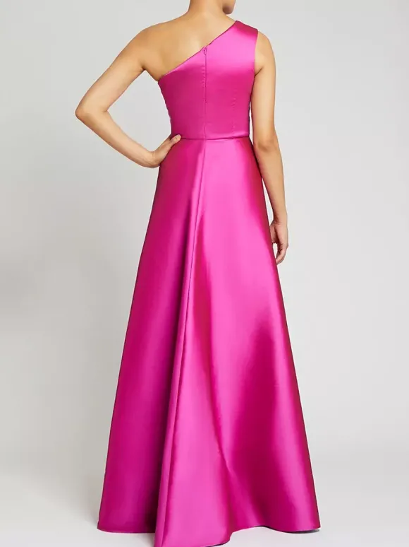 Robe de soirée trapèze asymétrique épaule dénudée tissu satiné longueur au sol robes de dîner formelles plissées