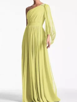 Robe de soirée trapèze asymétrique épaule dénudée longueur au sol manches longues dos nu plissée en mousseline de soie robes de soirée formelles