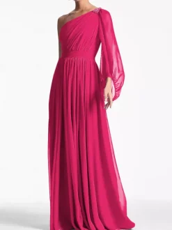 Robe de soirée trapèze asymétrique épaule dénudée longueur au sol manches longues dos nu plissée en mousseline de soie robes de soirée formelles