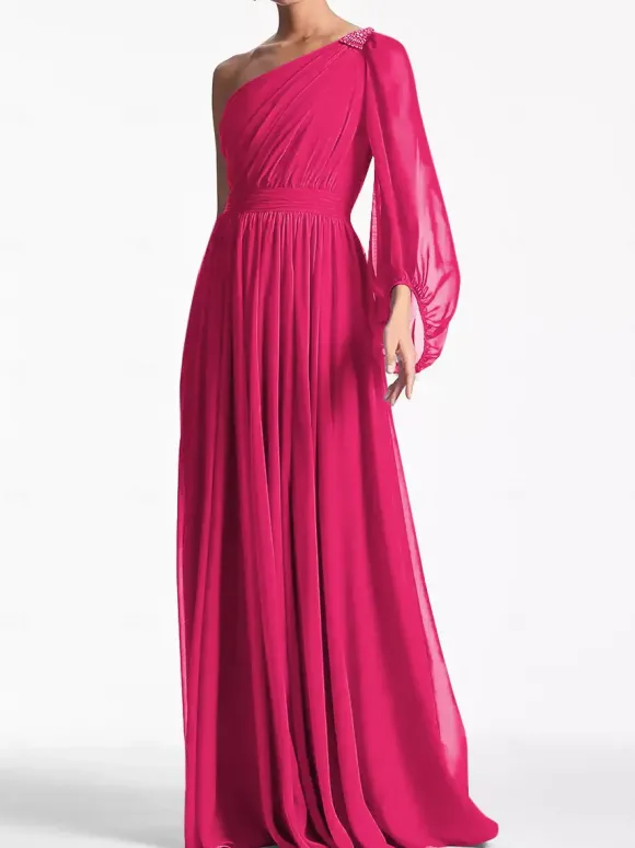 Robe de soirée trapèze asymétrique épaule dénudée longueur au sol manches longues dos nu plissée en mousseline de soie robes de soirée formelles