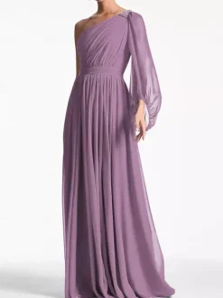 Robe de soirée trapèze asymétrique épaule dénudée longueur au sol manches longues dos nu plissée en mousseline de soie robes de soirée formelles