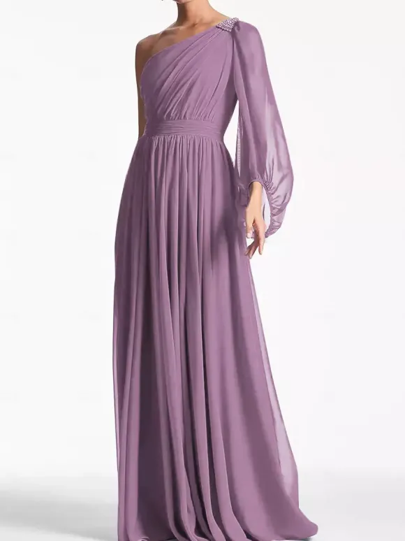 Robe de soirée trapèze asymétrique épaule dénudée longueur au sol manches longues dos nu plissée en mousseline de soie robes de soirée formelles