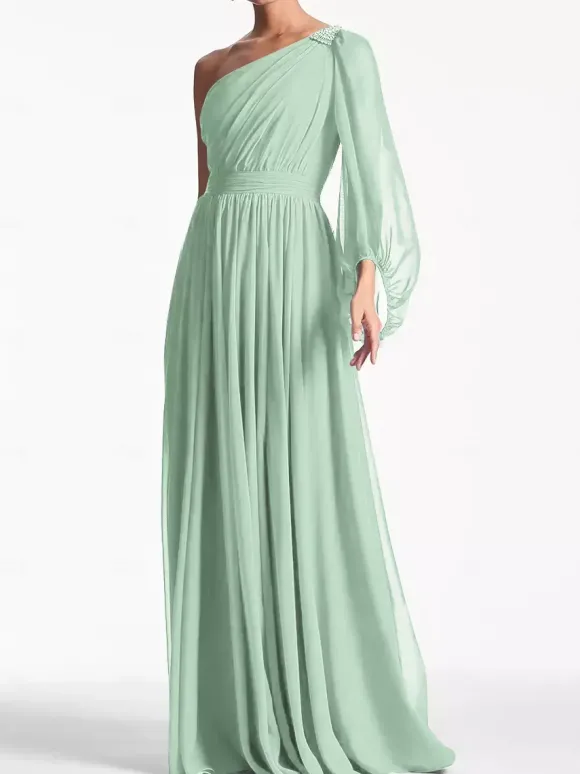 Robe de soirée trapèze asymétrique épaule dénudée longueur au sol manches longues dos nu plissée en mousseline de soie robes de soirée formelles