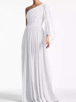Robe de soirée trapèze asymétrique épaule dénudée longueur au sol manches longues dos nu plissée en mousseline de soie robes de soirée formelles