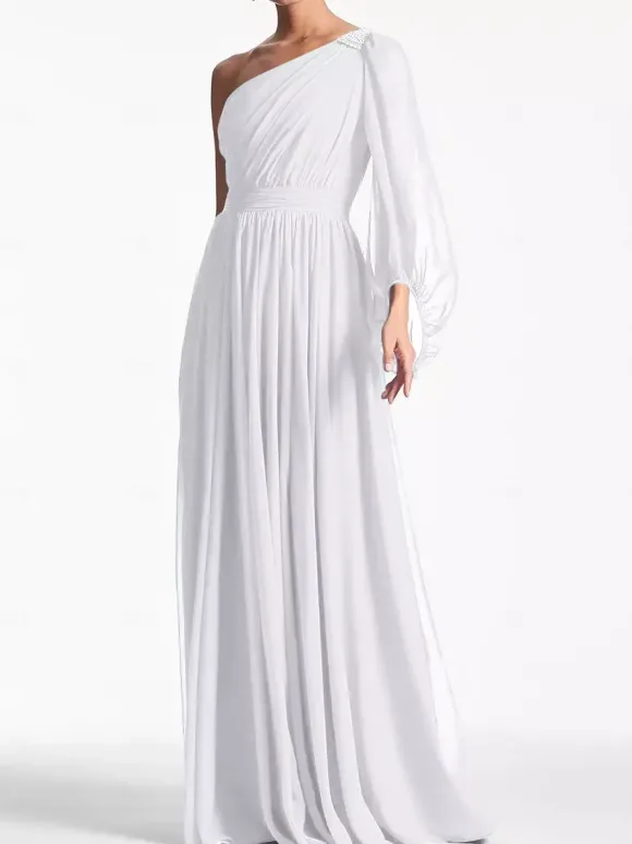Robe de soirée trapèze asymétrique épaule dénudée longueur au sol manches longues dos nu plissée en mousseline de soie robes de soirée formelles