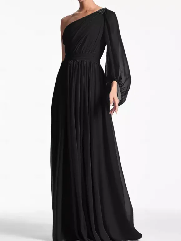 Robe de soirée trapèze asymétrique épaule dénudée longueur au sol manches longues dos nu plissée en mousseline de soie robes de soirée formelles