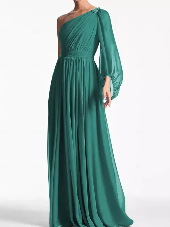 Robe de soirée trapèze asymétrique épaule dénudée longueur au sol manches longues dos nu plissée en mousseline de soie robes de soirée formelles