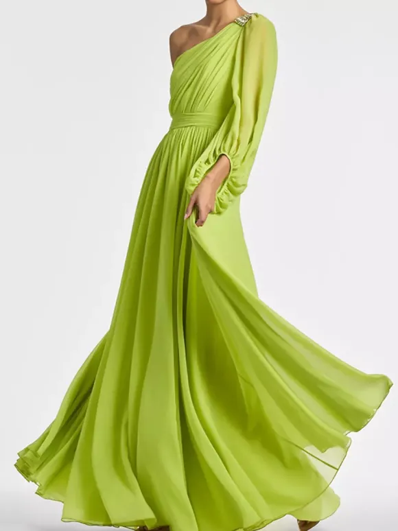 Robe de soirée trapèze asymétrique épaule dénudée longueur au sol manches longues dos nu plissée en mousseline de soie robes de soirée formelles