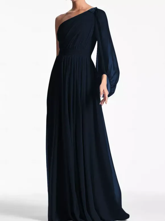 Robe de soirée trapèze asymétrique épaule dénudée longueur au sol manches longues dos nu plissée en mousseline de soie robes de soirée formelles