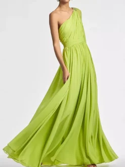 Robe de soirée trapèze asymétrique épaule dénudée longueur au sol manches longues dos nu plissée en mousseline de soie robes de soirée formelles