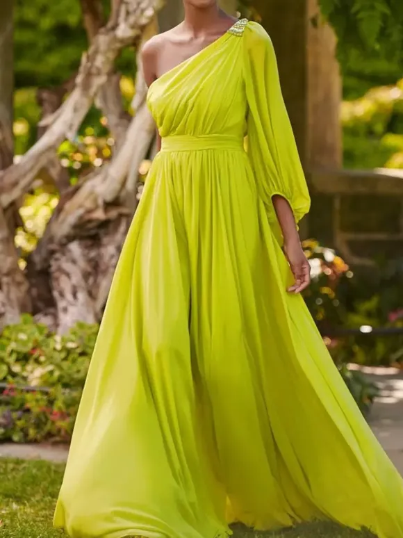 Robe de soirée trapèze asymétrique épaule dénudée longueur au sol manches longues dos nu plissée en mousseline de soie robes de soirée formelles