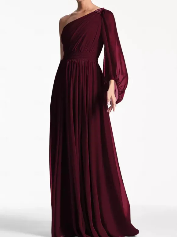 Robe de soirée trapèze asymétrique épaule dénudée longueur au sol manches longues dos nu plissée en mousseline de soie robes de soirée formelles