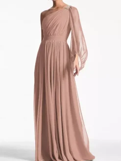 Robe de soirée trapèze asymétrique épaule dénudée longueur au sol manches longues dos nu plissée en mousseline de soie robes de soirée formelles