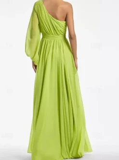 Robe de soirée trapèze asymétrique épaule dénudée longueur au sol manches longues dos nu plissée en mousseline de soie robes de soirée formelles