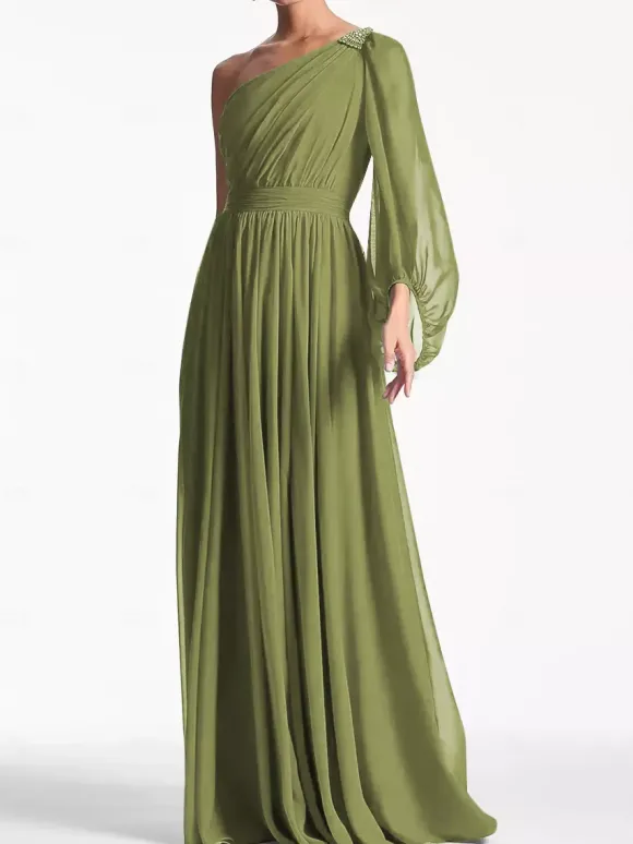 Robe de soirée trapèze asymétrique épaule dénudée longueur au sol manches longues dos nu plissée en mousseline de soie robes de soirée formelles