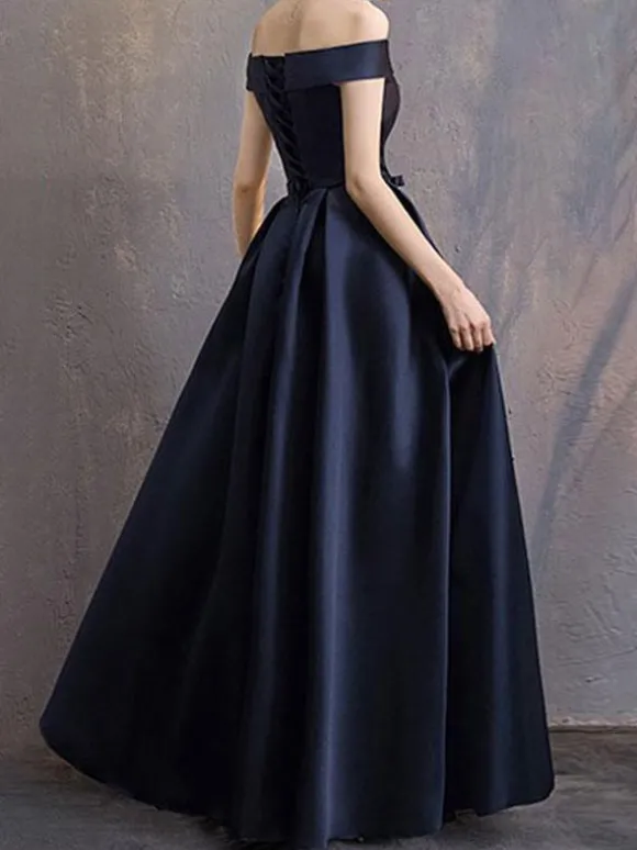 Robe de soirée trapèze col bateau longueur au sol manches courtes lacets robes de soirée formelles en polyester