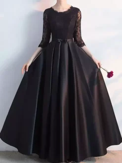 Robe de soirée trapèze col bijou longueur au sol manches longues lacets en Lycra Spandex robes de soirée sociale