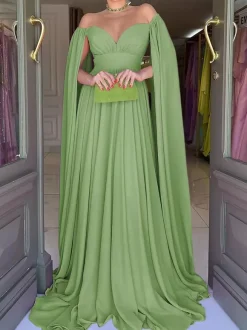 Robe de soirée trapèze col en c艙ur en mousseline de soie avec traîne plissée robes de soirée sociales