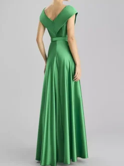 Robe de soirée trapèze col en v longueur au sol sans manches fermeture éclair ceinture tissu satiné robes de soirée formelles