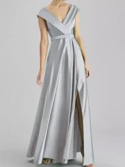 Robe de soirée trapèze col en v longueur au sol sans manches fermeture éclair ceinture tissu satiné robes de soirée formelles