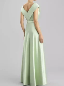 Robe de soirée trapèze col en v longueur au sol sans manches fermeture éclair ceinture tissu satiné robes de soirée formelles
