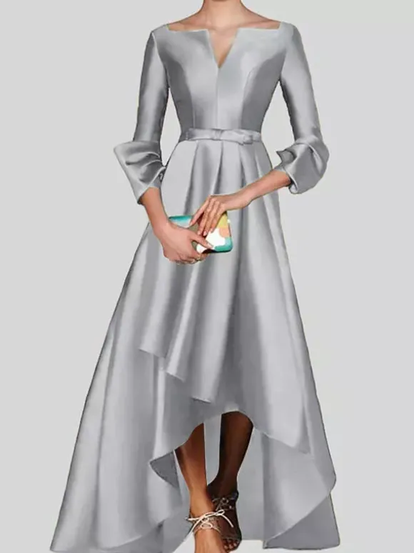 Robe de soirée trapèze col en v manches 3/4 fermeture éclair tissu satiné plissé robes de concours sociaux
