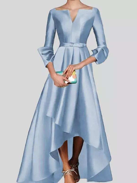 Robe de soirée trapèze col en v manches 3/4 fermeture éclair tissu satiné plissé robes de concours sociaux