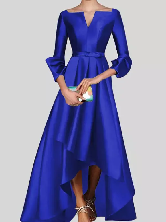 Robe de soirée trapèze col en v manches 3/4 fermeture éclair tissu satiné plissé robes de concours sociaux
