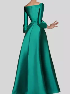Robe de soirée trapèze col en v manches 3/4 fermeture éclair tissu satiné plissé robes de concours sociaux