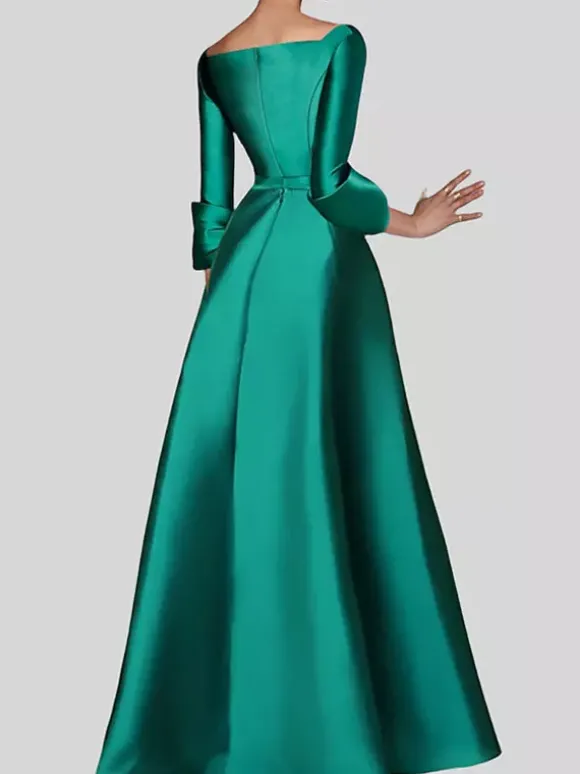 Robe de soirée trapèze col en v manches 3/4 fermeture éclair tissu satiné plissé robes de concours sociaux