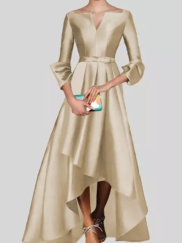 Robe de soirée trapèze col en v manches 3/4 fermeture éclair tissu satiné plissé robes de concours sociaux