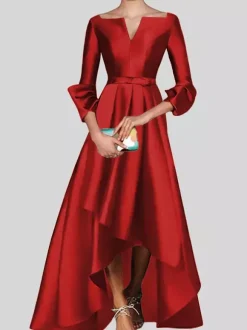 Robe de soirée trapèze col en v manches 3/4 fermeture éclair tissu satiné plissé robes de concours sociaux